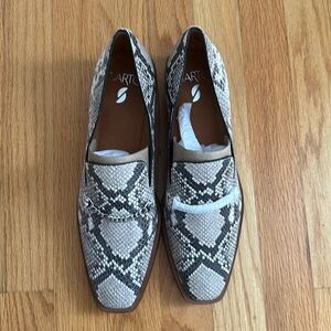 Leather snakeskin patterned loafers with silver chain detail